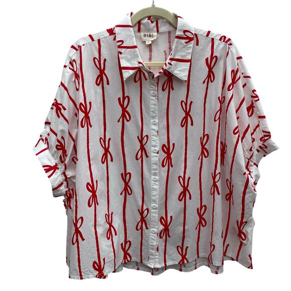 BiBi Bow Ribbon Button Down Holiday Blouse Size Small - Picture 2 of 10